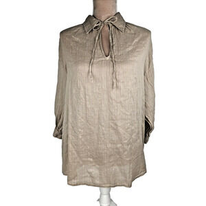 MICHAEL KORS Brown Taupe Striped 3/4 Sleeve 1XL Tunic Collared Neck Tie Top